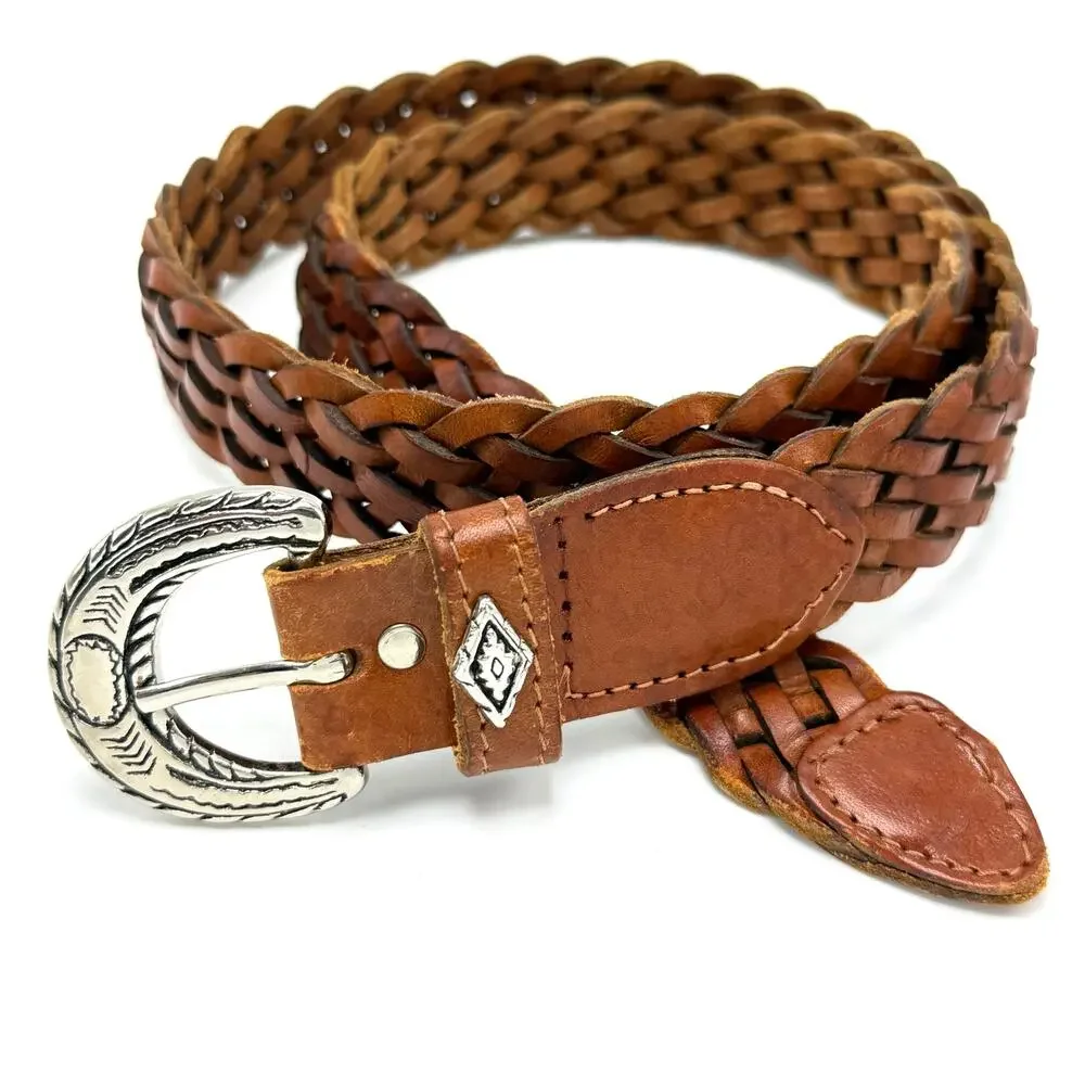 Vintage 90s Braided Leather Western Belt S 24-30 Brown Southwestern Boho Hippie